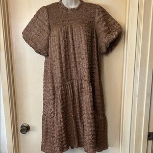 Anthropologie By The RiverTextured Brown Midi Dress with Puff Sleeves size M